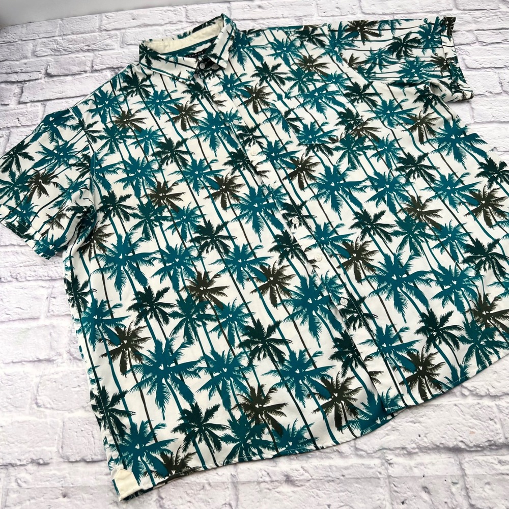 SYNRGY Mens 3XL White Teal Palm Tree Hawaiian Short Sleeve Button Up Shirt